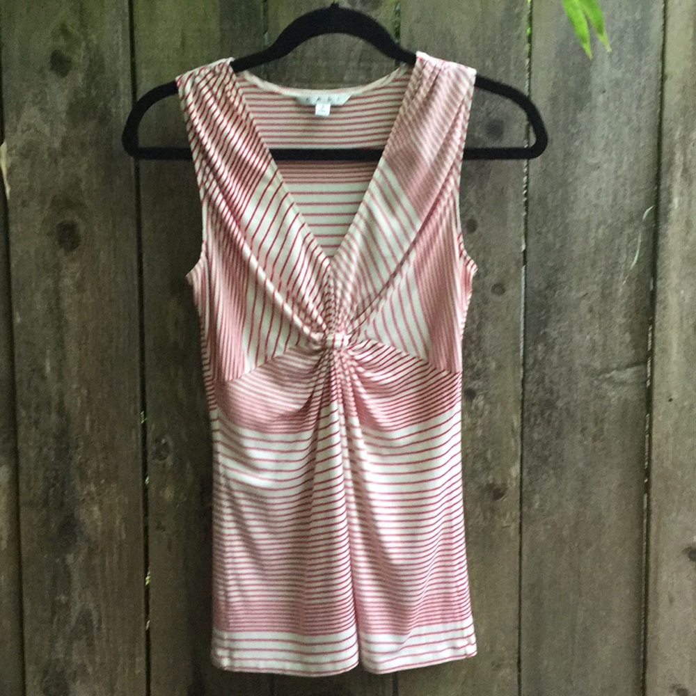 CAbi red/white geo striped top in stretch rayon S